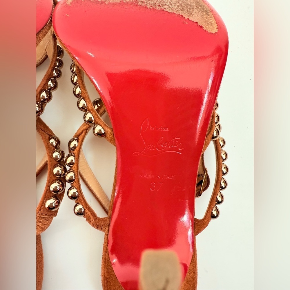 Christian Louboutin Galeria 100mm Cognac Suede studded Heels Sandals EU 37 - Picture 14 of 14